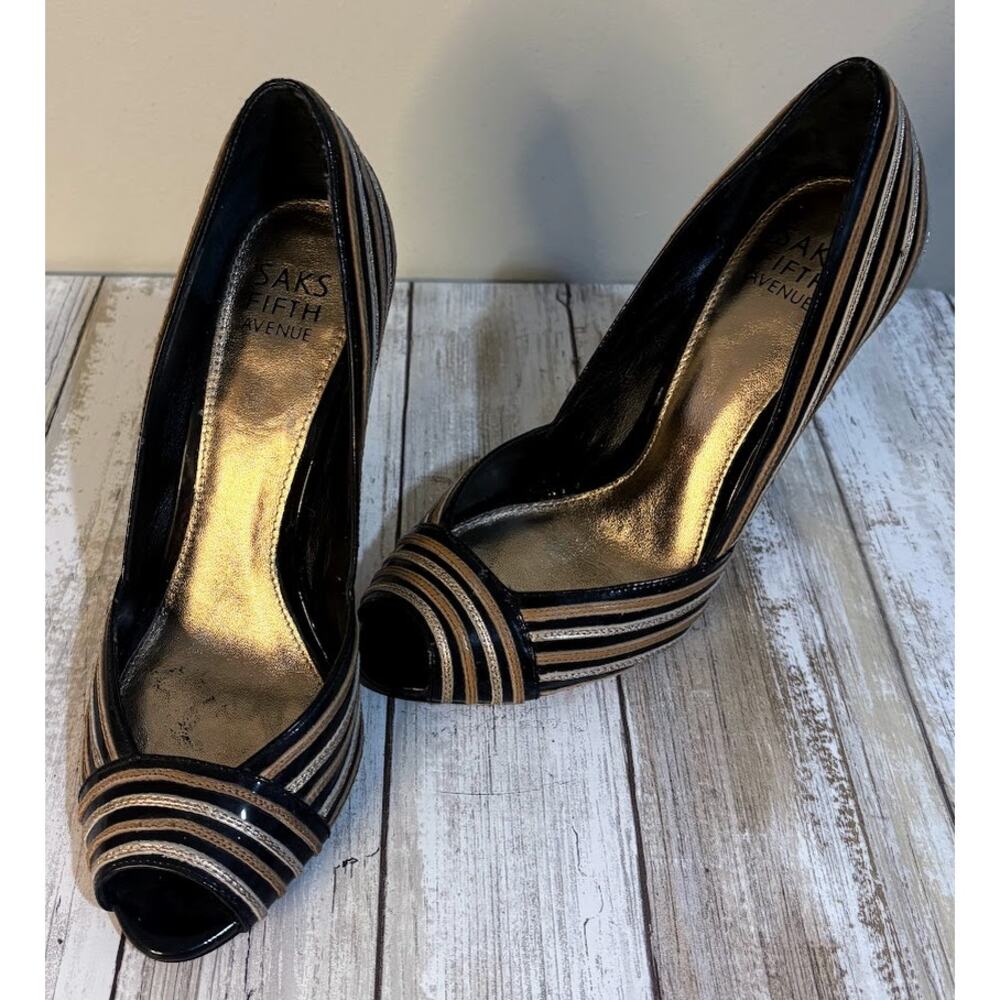 Saks Fifth Avenue Gold, Black, & Silver Peep Toe Heels Size 6